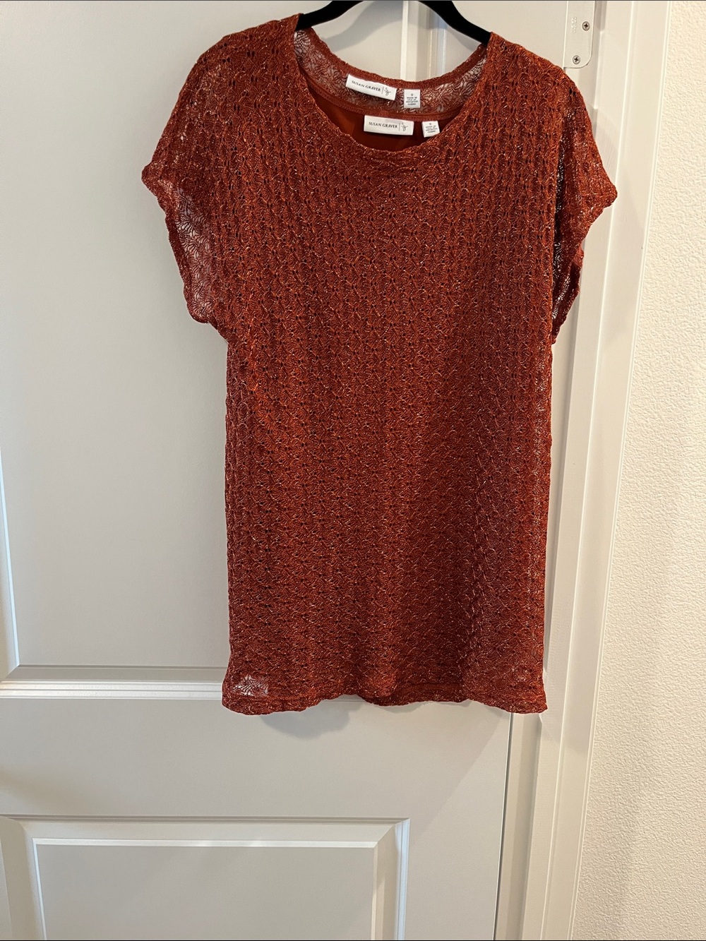 Susan Graver Metallic Knit Short Sleeve Tee — Rust